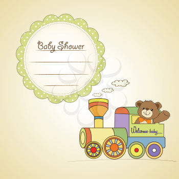 baby shower card with teddy bear and train toy