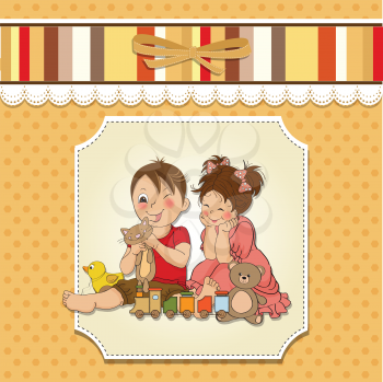 girl and boy plays with toys, vector illustration