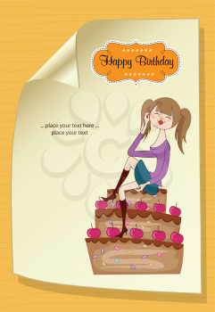 sexy young woman sitting on a big cake, vector illustration