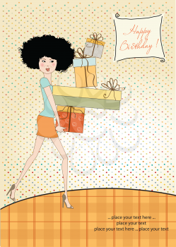 birthday card - pretty young lady with arms full of gifts
