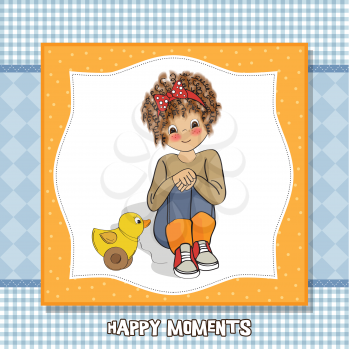 curly girl play with her duck toy , vector  illustration