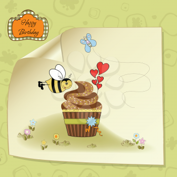 birthday greeting card with cupcake and funny bee