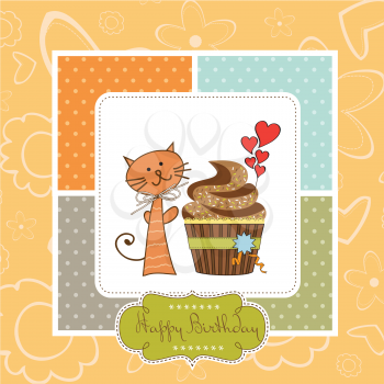 birthday greeting card with cupcake and cat