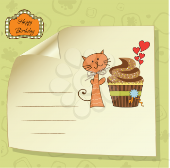 birthday greeting card with cupcake and cat