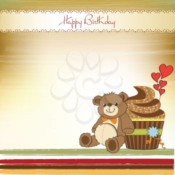 birthday greeting card with cupcake and teddy bear