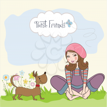 romantic girl sitting barefoot in the grass with her cute dog, vector illustration
