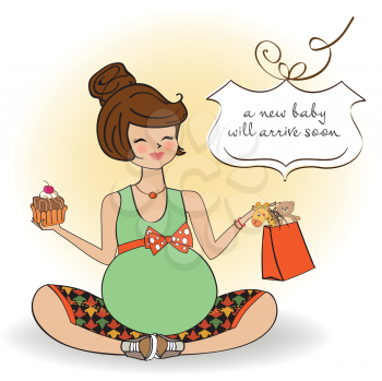 baby announcement card with pregnant woman, vector illustration