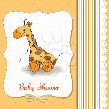 Baby shower card with cute giraffe toy, vector illustration