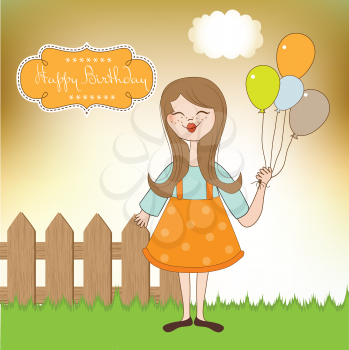 Funny girl with balloon, birthday greeting card
