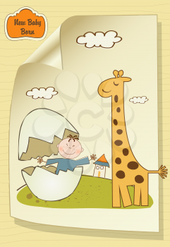 welcome baby card with broken egg and giraffe