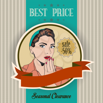 retro illustration of a beautiful woman and best price message, vector format