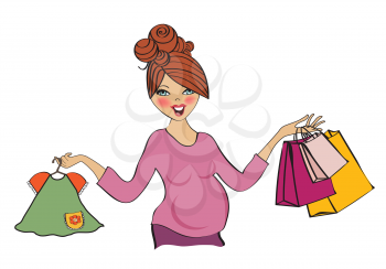 happy pregnant woman at shopping, isolated on white background, vector illustration