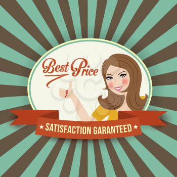 retro illustration with a  woman and best price message, vector format