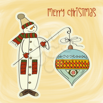 snowman with big Christmas ball, vector illustration