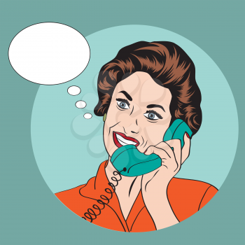 Popart comic retro woman talking by phone, vector illustration
