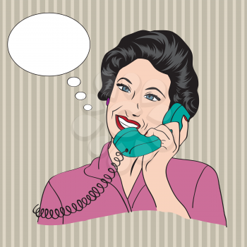 Popart comic retro woman talking by phone, vector illustration