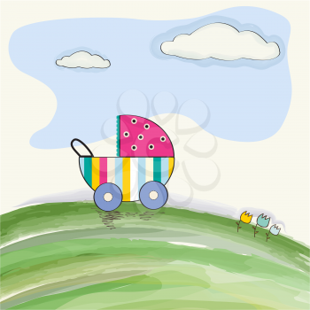 cute stroller on a meadow, baby shower card, vector illustration