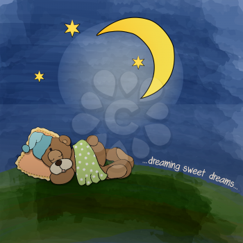baby teddy bear sleeping on grass, vector illustration