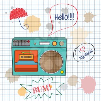 musical background with retro boom-box, vector illustration