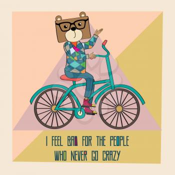 Hipster poster with nerd bear riding bike, vector illustration