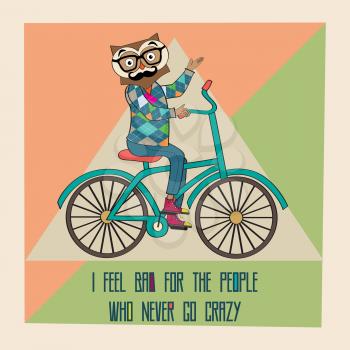 Hipster poster with nerd owl riding bike, vector illustration