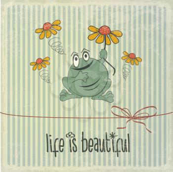 Retro illustration with happy frog and phrase Life is beautiful, vector format