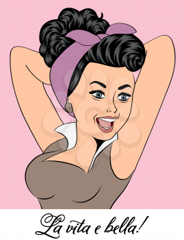 cute retro woman in comics style with message, vector illustration