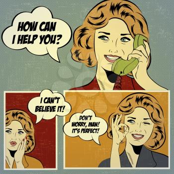 Illustrations for comic books with retro woman in pop art style, vector format