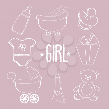 Linear baby girl items set, vector format
