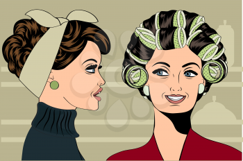 Woman with curlers in their hair talking with her friend, vector format