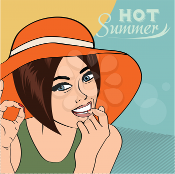 Hot pop art girl on a beach, vector illustration
