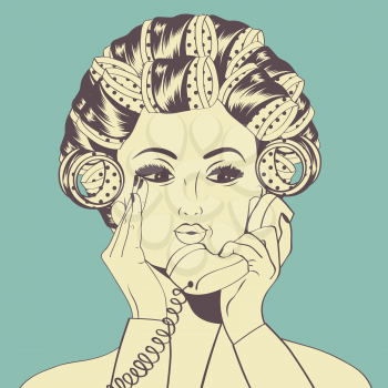 Woman with curlers in their hair talking at phone, vector format