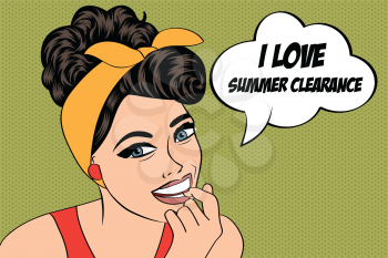 pop art cute retro woman in comics style with message I love summer clearance, vector illustration