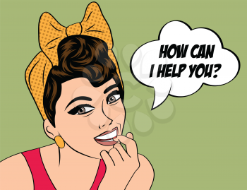 pop art cute retro woman in comics style with message how can I help you, vector illustration