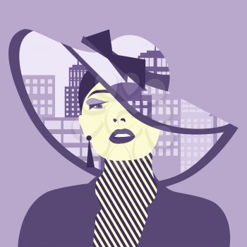 Vector double exposure illustration. Sexy woman with city in her hat
