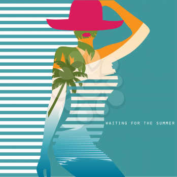 Vector double exposure illustration. Woman in swimsuit eps10