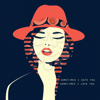 Vector double exposure illustration. Sexy woman with red hat