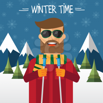 Hipster skier in flat style. Vector illustration.