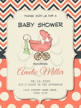 Beautiful baby girl shower card with stroller, vector format