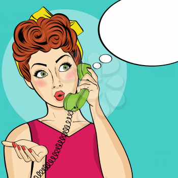 Surprised  pop art woman with retro phone. Pin-up girl. Vector illustration.