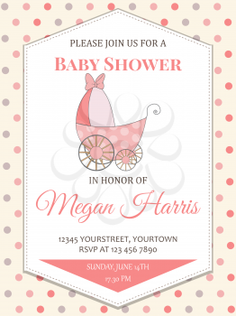 delicate baby girl shower card with stroller, vector format