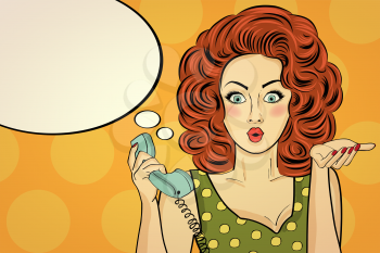 Surprised pop art woman with retro phone, who tells her secrets. Pin-up girl. Vector illustration.