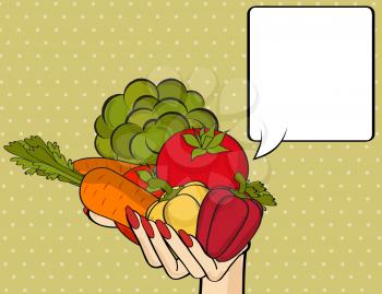 Woman hand with many vegetables. Vector illustration