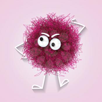 Fluffy cute pink spherical creature thinking , vector illustration