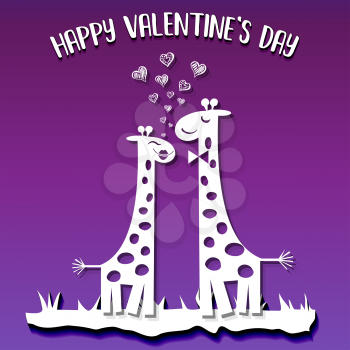 paper cut giraffes in love, cute Valentine's Day card on ultraviolet background