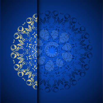 Vector gold oriental arabesque pattern background with place for text. Blue color