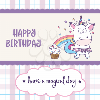 happy birthday card  with lovely baby girl unicorn, vector format