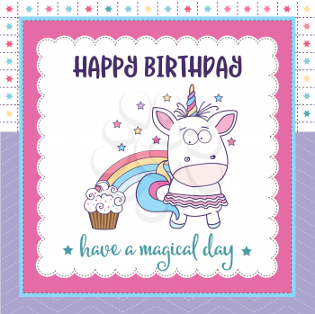 happy birthday card  with funny doodle cat, vector format