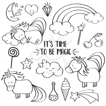 Doodle items collection with unicorns and other fantasy magical elements. For coloring. Vector