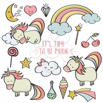 Doodle items collection with unicorns and other fantasy magical elements. Vector